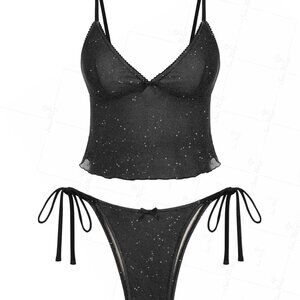 seamoly Lurex Glitter Sparkly Lace Trim Bowknot Decor Tie Side Tankini Set,Black